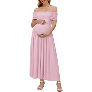 OUGES Women's 2026 Off The Shoulder Mesh Maxi Maternity Dress for Photoshoot Baby Shower Sleeveless Formal Long Dresses, Medium