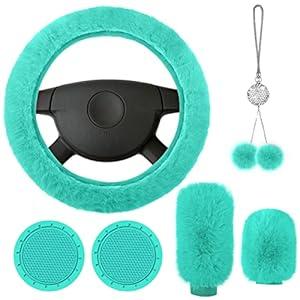 Frienda 6 Pieces Fluffy Car Accessories Set Bling Fluffy Steering Wheel Cover Soft Fuzz Handbrake Gear Shift Cover Bling Mirror Fuzz Car Pad Decoration