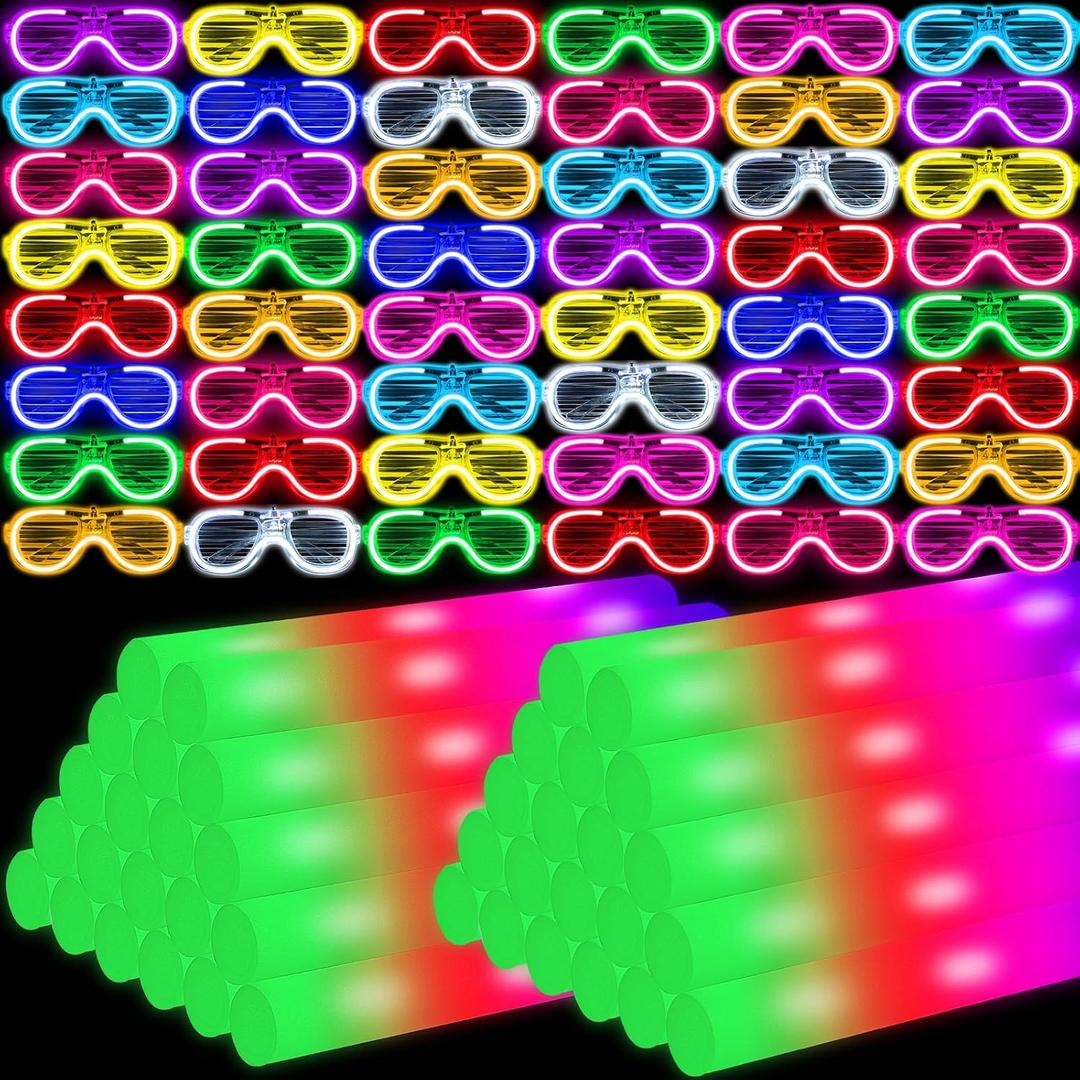 Oleitodh Glow in the Dark Party Supplies Set Bulk Neon Party Favor Toys Includes 30 Led Light up Glasses 10 Color 30 Light up Foam Sticks Bulk for Disco Wedding Birthday Concert Halloween Raves Party