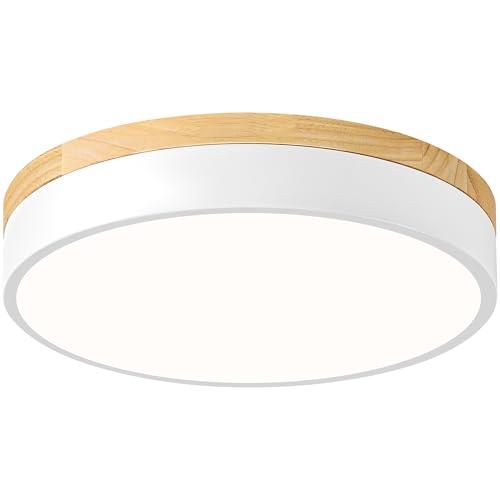 Dimmable Wood LED Ceiling Light Fixture, 5CCT 2700K-6000K Modern White Flush Mount Ceiling Lighting, Minimalist Round Ceiling Lamp for Bedroom, Kitchen, Laundry Room, Hallway, 11.81in