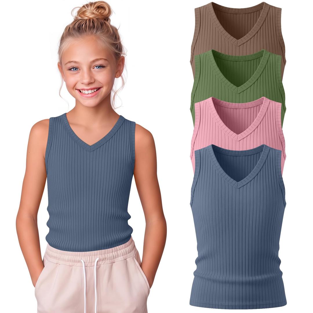 Oakgarden 4 Pack Girls Tank Tops Sleeveless Tees, 4-Color, 7-8 Years (Green)