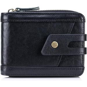Genuine Leather Men's Wallet with Zipper Vintage RFID Blocking Large Capacity Wallet for Men with 11 Credit Card Slots and 1 ID Window (Black)