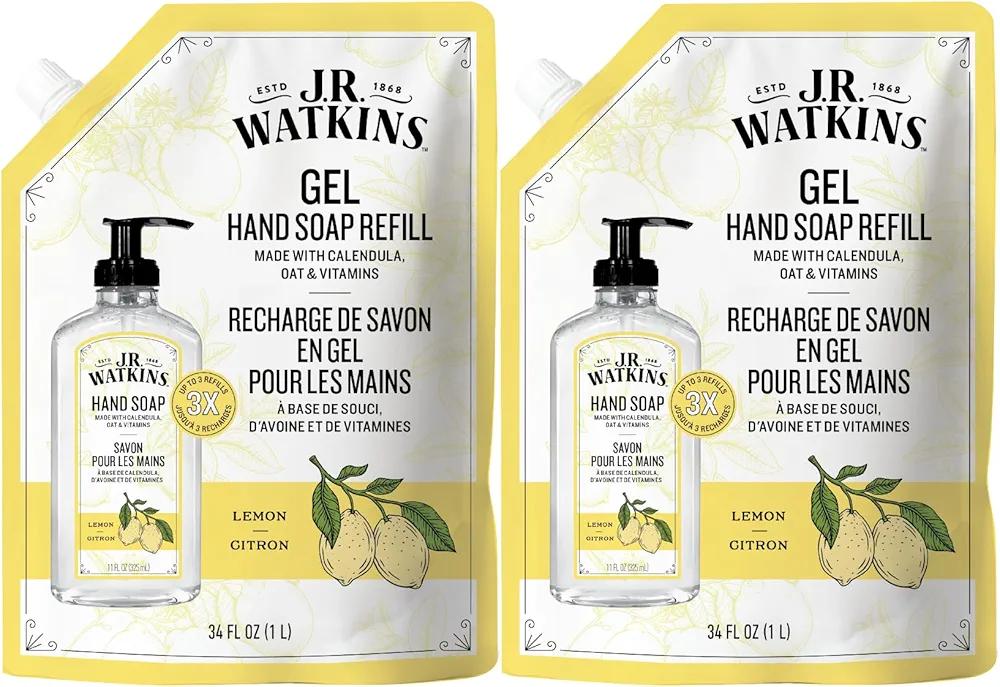 J.R. Watkins Gel Hand Soap Refill, Moisturizing Hand Wash, Formulated with Plant-Based Cleansers, Alcohol-Free, Cruelty-Free, Lemon, 34 Fl Oz, 2 Pack