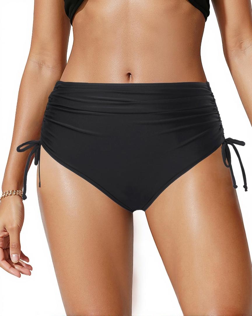 Holipick Swimsuit Bottoms for Women - High Waisted Bikini Bottoms Tie Side Tummy Control Bathing Suit Bottom (Large, Black 1)