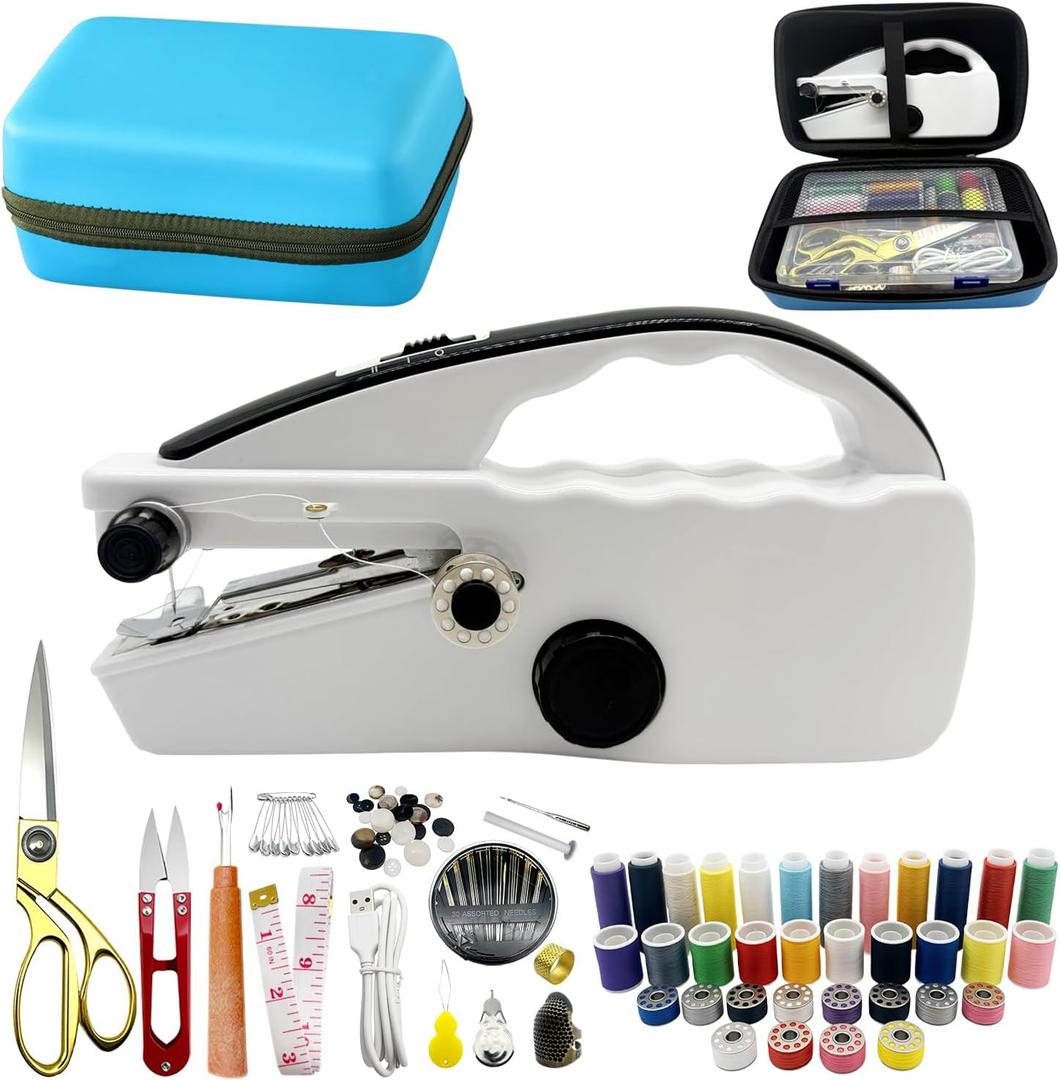 Heavy Duty Handheld Sewing Machine with 110 PCS Sewing Kit & Blue Leather Case, Mini Portable Hand Held Sewing Machine for Adults and Beginners, for Mending Clothes, DIY Projects, at Home or on the Go (Black)