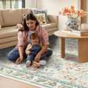 Washable Boho Area Rug 8'10' Beige Green Pink Boho Large Living Room Rug Floral Non-Slip Colorful Indoor Decor Soft Oriental Vintage Bedroom Carpet Dining Room Nursery Home Office