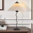 Pleated Table Lamp, S Tube Modern Table Lamp for Bedroom, Bedside Lamps with Organic Textured Linen Lampshade for Nightstand Bedroom Home Office Decor, Black