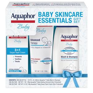 Aquaphor Baby Skin Care Essentials Gift Set with Baby Wash and Shampoo (16.9 Fl Oz) + Healing Ointment for Chapped Skin and Drool Rash (7Oz) + Diaper Rash Cream (3.5Oz), Hypoallergenic