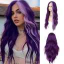 Dai Cloud Dark Purple Wavy Long Wigs for Women Natural Curly Middle Part with Light Purple Highlight Hair Heat Resistant Synthetic Wig for Halloween Cosplay Use
