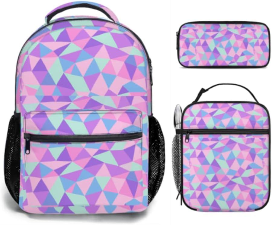 Girls Kids Backpack and Lunch Box Set, 3-in-1 School Bag Combo with Pencil Case, Lightweight Waterproof Bookbag for Elementary Middle School Girls & Boys