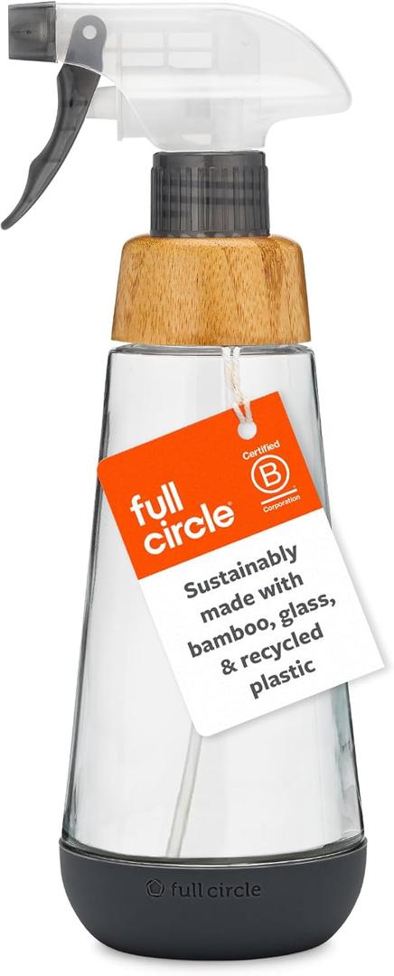 Full Circle Bottle Service - Refillable Glass Spray Bottle for Cleaning - Versatile Stream & Mist Options, Bamboo, Silicone Boot - Ideal for Non-Toxic Solutions & Plant Care, 16oz, Gray