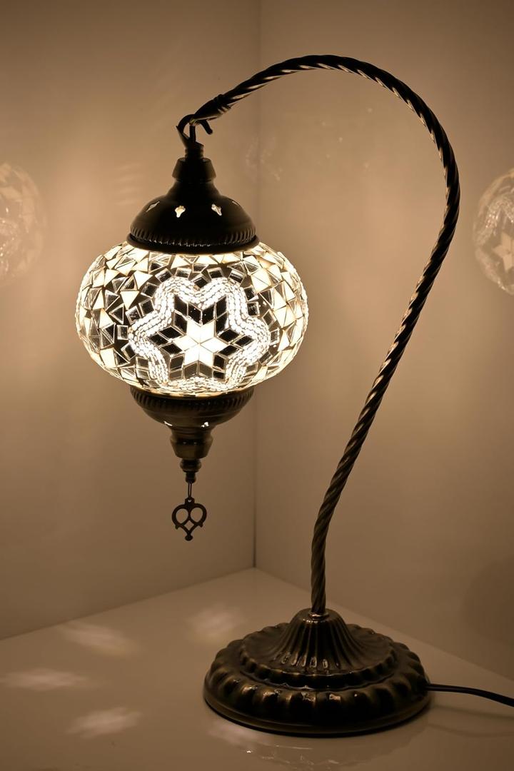 Swan Neck Turkish Moroccan Lamp Handmade Stained Mosaic Glass Vintage Lamp Shade Bohemian Tiffany Style Bedside Night Lamp Lighting for Bedroom Living Room (White1)