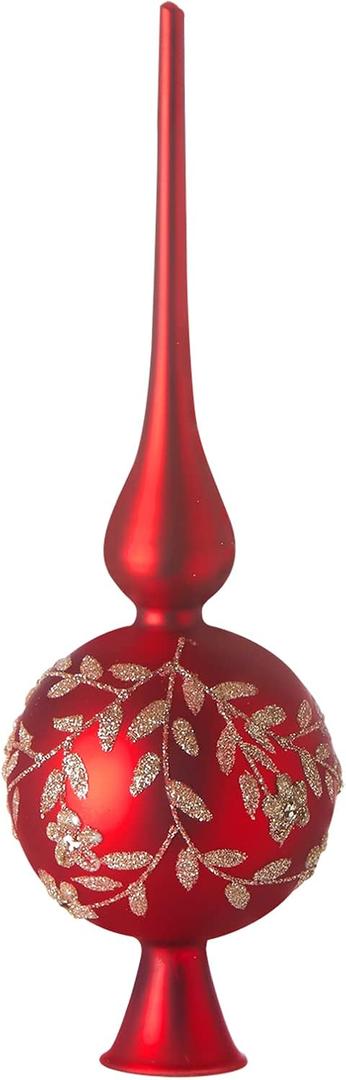 HappySpot Glass Spherical Christmas Tree Topper Finial Christmas Ornaments with Carved Flowers Holiday Indoor Suitable for Home Party Decoration, 9.8inches, Red