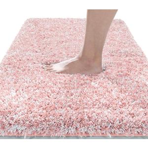 Yimobra Luxury Bathroom Rugs, Fluffy Bath Mats, Non Slip, Water Absorbent Microfiber, Machine Washable, Plush Carpet Shower Rugs, Thick Matts for Bathroom Floor&Tub, 44"x 24", Light Pink and White