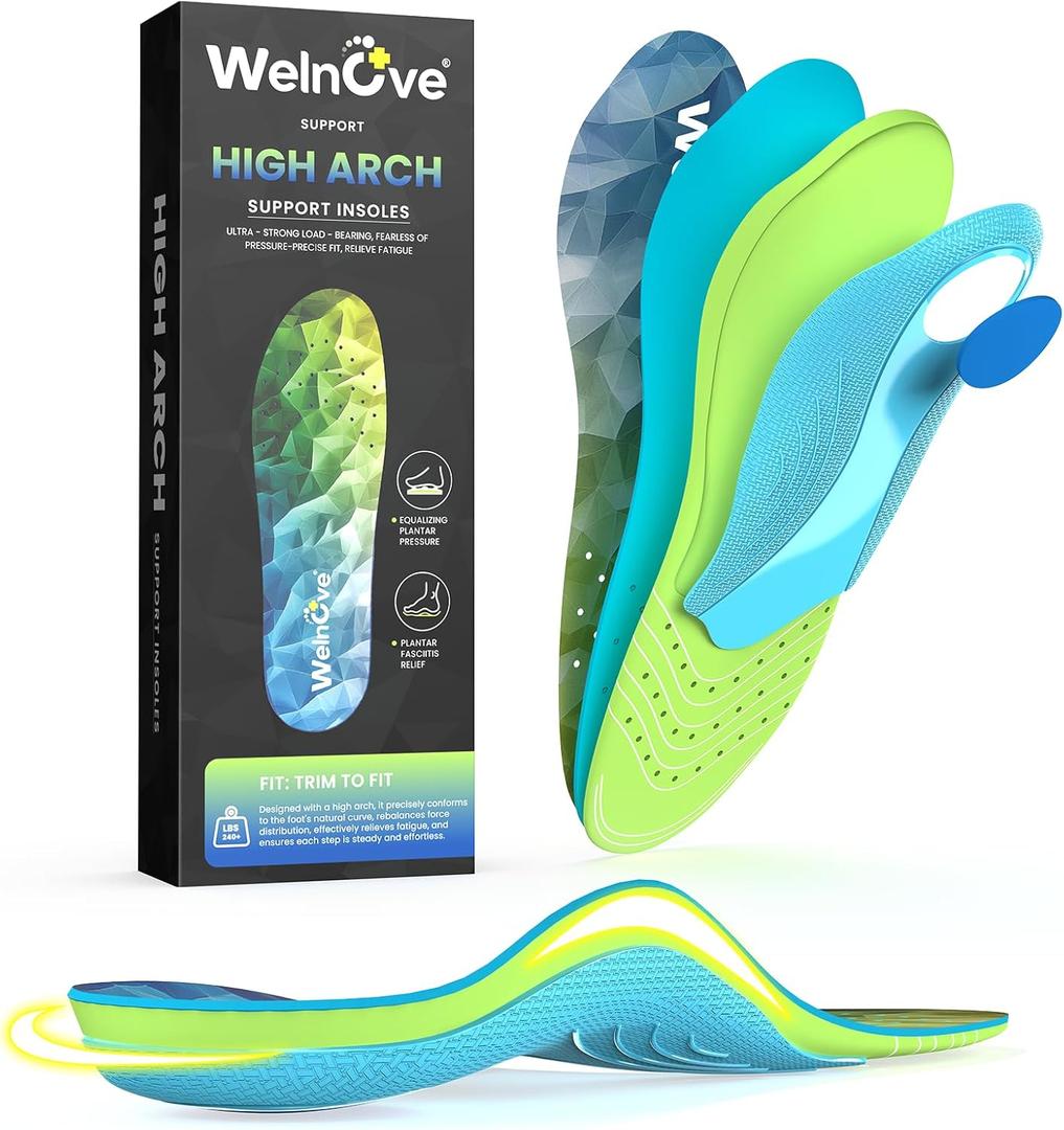 High Arch Support Insoles for Plantar Fasciitis - HSA Eligible FSA Insoles - Welnove Comfort Work Boot Insoles - Orthotic Shoe Inserts for Men Women Flat Feet Pain (XL, Green)