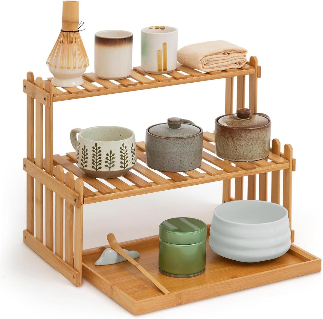 Kathfly 14.6 2-Tier Matcha Station Shelf Stand with 13 Bamboo Matcha Tea Serving Tray Coffee Station Organizer Coffee Bar Storage Rack Mug Holder Countertop for Tea Desktop Flower Pot Cup Display (15.4" x 9.1" x 2.8")