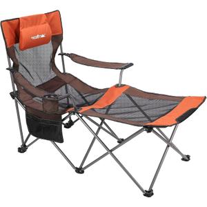 apollo walker Camping Chairs for Adults - 6 Legged Beach Chair with Foot Rest, Breathable Mesh, Adjustable 90 - 135 Reclining Lounge Chair Outdoor, Folding Chairs for Outside with Detachable Pillow (Regular, Orange)