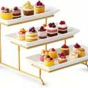 Gomakren 3 Tier Serving Stand with Porcelain Serving Platter Tray - Collapsible Gold Stand with 3 Piece Large14 Inch White Plates for Food Presentation Dessert Server Display and Entertaining (15.7" x 13.5" x 9.2")