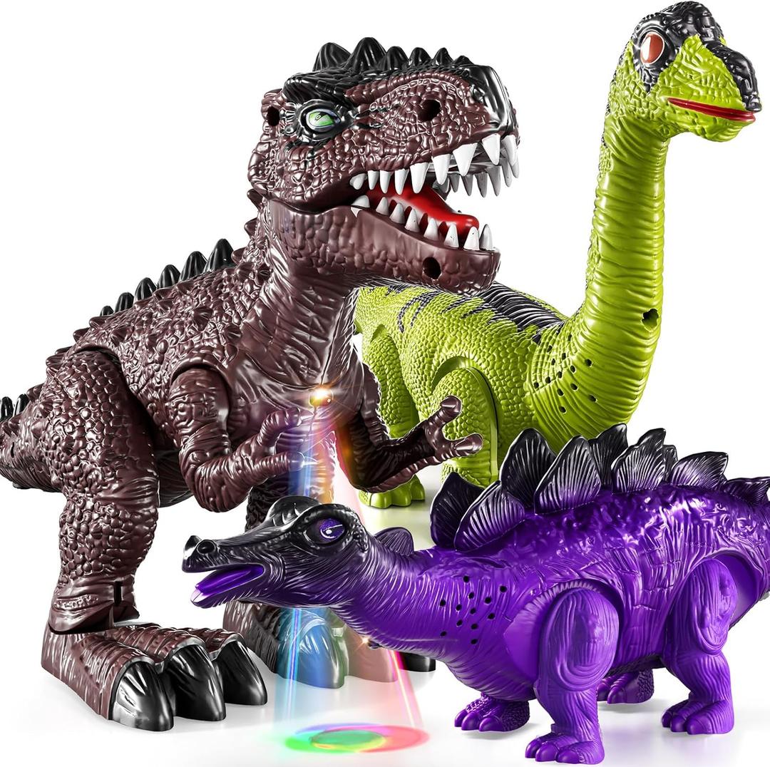 TEMI 3 Pack Electrical Walking Dinosaur Toys for Toddlers 3-4 3-5 Years with Sound and Light Up, Toddler Robot Dinosaur, Brachiosaurus, Stegosaurus Dinosaur Figures for Kids
