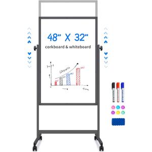 Maxtek Rolling White Board 48 x 32in,Height Adjustable Whiteboard on Wheels