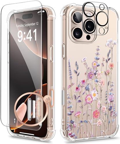 GVIEWIN for iPhone 16 Pro Case, with Screen Protector & Camera Lens Protector [Not Yellowing] Floral Slim Shockproof Protective Clear Flower Women Phone Cover 6.3'' (Floratopia/Colorful)