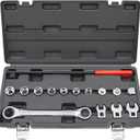 15pcs Universal Ratcheting Serpentine Belt Tool Set, Serpentine Belt Removal Installation Tensioner Kit with Ratcheting Wrench, Crowfoot Wrenches, Socket Adapters, 6-Point Sockets (Black Case)