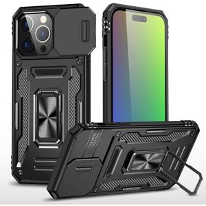 Compatible with iPhone 15 Pro Max Case, Military Grade Anti-Fall Mobile Phone Case with Sliding Window, Vehicle-Mounted Magnetic Finger Ring Bracket Protective Case (2023) 6.7"- Black