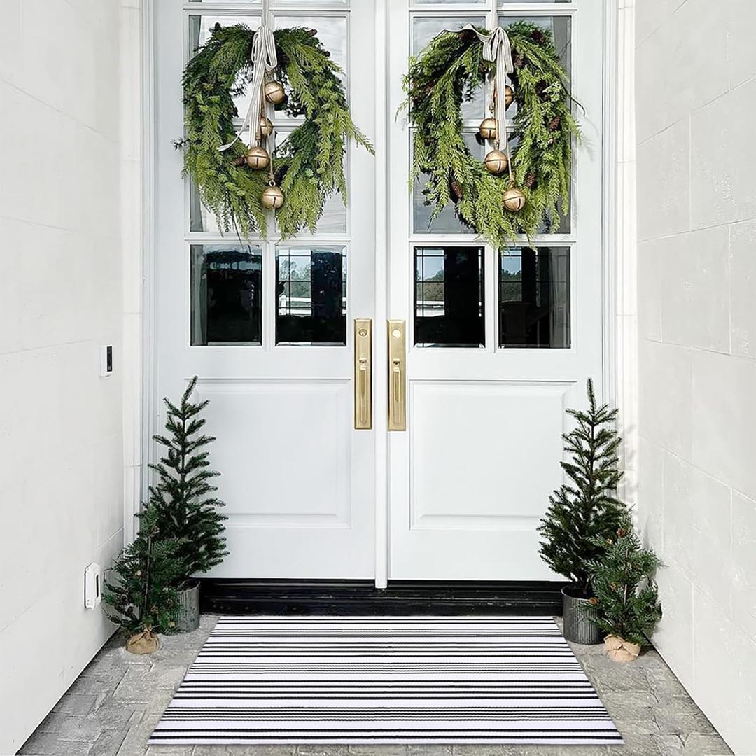 Black and White Striped Rugs, 28x 43 Outdoor Indoor Front Porch Door Mats Cotton Hand-Woven Layered Area Rug Doormat for Entryway Patio Entryway Laundry Bedroom Living Room