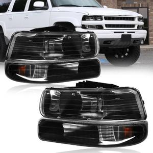 Headlights Assembly fit 1999-2002 Chevy Silverado 1500 2500 1500HD 2500HD 3500/2000-2006 Tahoe / 2000-2006 Suburban 1500 2500 Headlamp Amber Reflector Black Housing