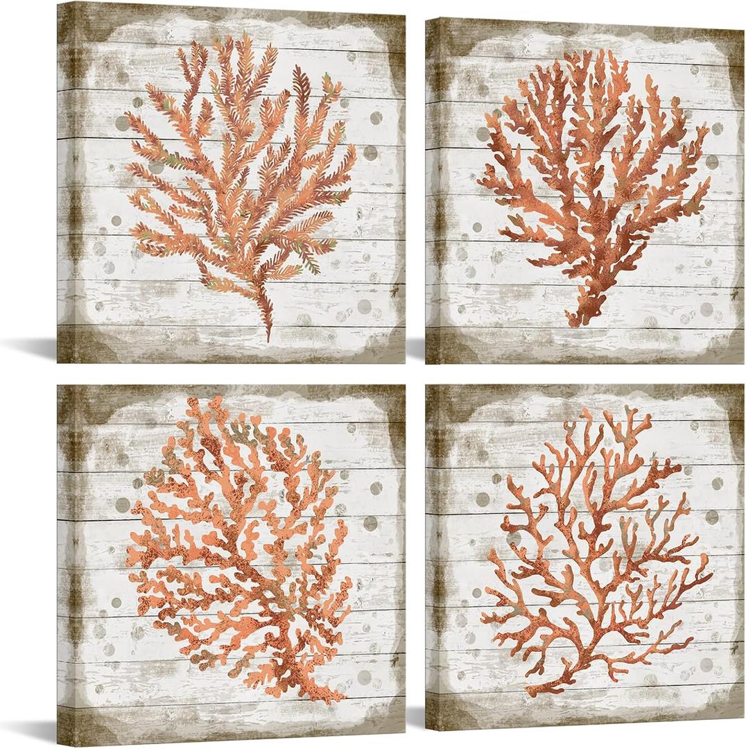 Orange Coral Canvas Set of 4 Ready to Hang Ocean Beach Wall Art for Bedroom Bathroom Framed Watercolor Prints Marine Plants Pictures Home Decoration Each Panel 12x12inch (Small)