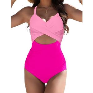 Buauty Women's One Piece Swimsuit Tummy Control Bathing Suits Sexy Cutout Swimwear Full Coverage Swim Suits for Women 2025 Pink, XL