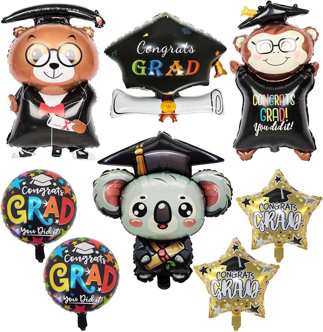 8 Pcs Graduation Balloons Class of 2025 Congrats Grad Mylar Party Decorations Cap Bear Monkey Koala Foil Balloons for Kindergarten College Graduation Party Supplies