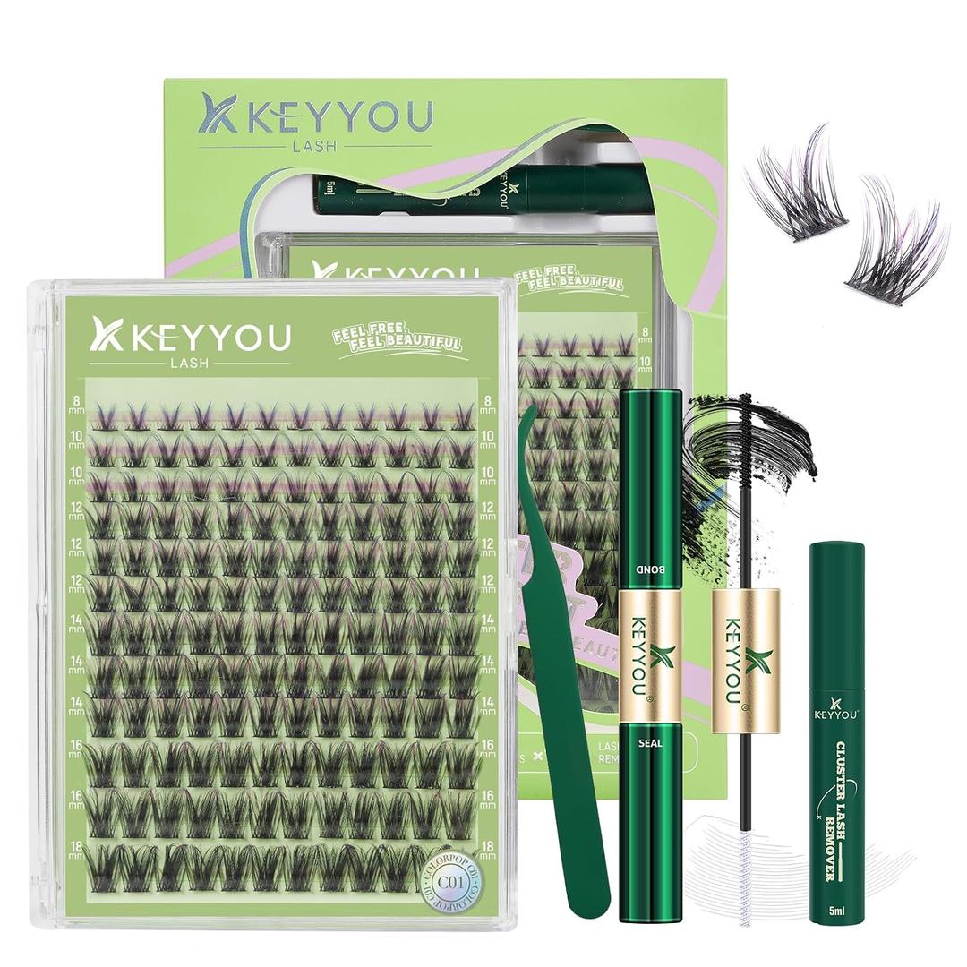 KEYYOU LASH Clusters kit 144pcs with Colored Eyelash Clusters Individual Eyelash Extension Kit 8-18mm with Lash Bond Seal Remover Applicator for DIY Lashes Extensions at Home(C01)