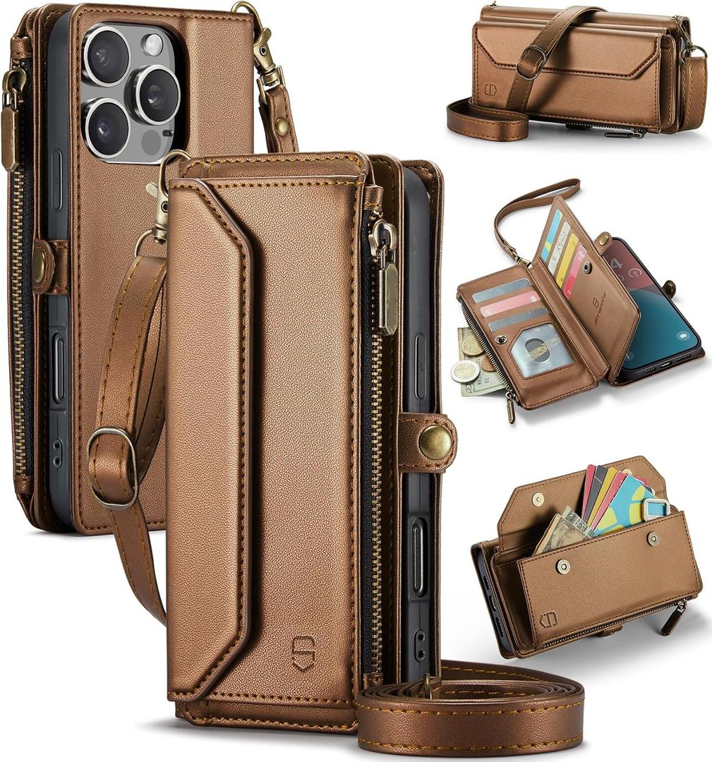 Wallet Case Compatible with iPhone 16 Pro Max 6.9" RFID Blocking 10-Card Holder Soft PU Leather Magnetic Snap Shoulder Strap Zipper Pocket Phone Case Fit for iPhone 16 Pro Max - Brown