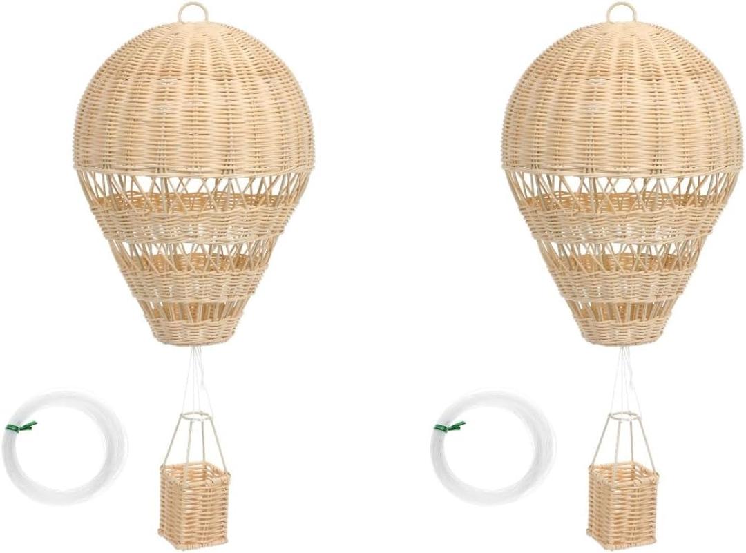 Rattan Hot Air Balloon Decor: 2pcs Wicker Basket Decoration for Baby Shower, Baby Nursery Bedroom Hanging Decoration, DIY Craft, Small Vintage Basket Home Garden Decor