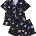 FUVYKOL Women's 2 Piece Evil Eyes Print Pajama Sets Sleepwear Short Sleeve Nightwear Soft Pjs Lounge Sets XL Black