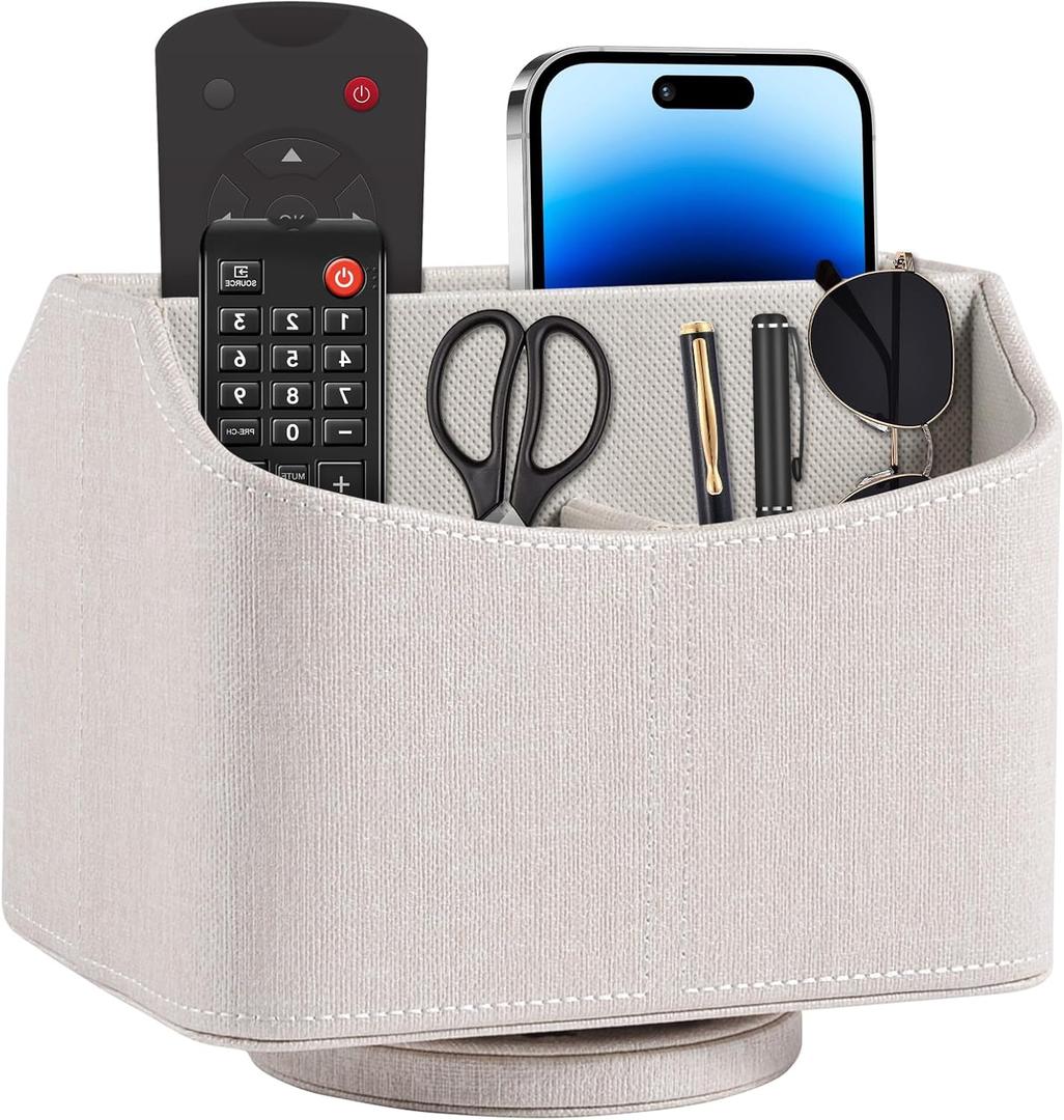 Leather Remote Control Holder 360 Degree Spinning,Desk Rotating Organizer/Caddy for TV Remote Controllers,Pen,Calculator Media Player,DVD,Office Supplies,Mobile Phone Storage Box (Beige)