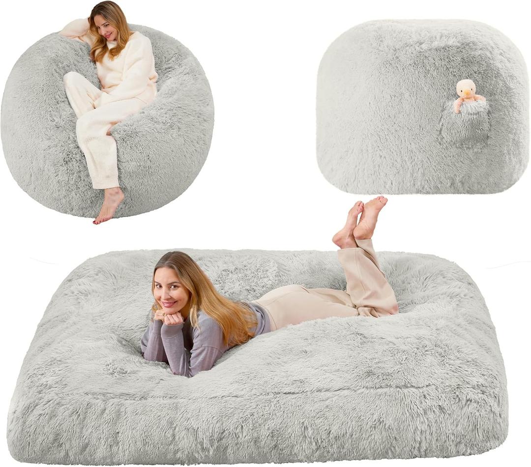 Bean Bag Bed Giant Bean Bag Chairs for Adults, Large Floor Mattress Convertible Sofa Bed, Big Bean Bag Chairs Couch, Removable Sofa Bed Chair Foam Filling, Machine Washable, Full, Light Gray (White Grey)