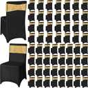 Chumia 120 Pcs Chair Covers and Sashes, Stretch Spandex Chair Covers with Shiny Sashes for Wedding Party Banquet Dining Decor(Black, Gold)