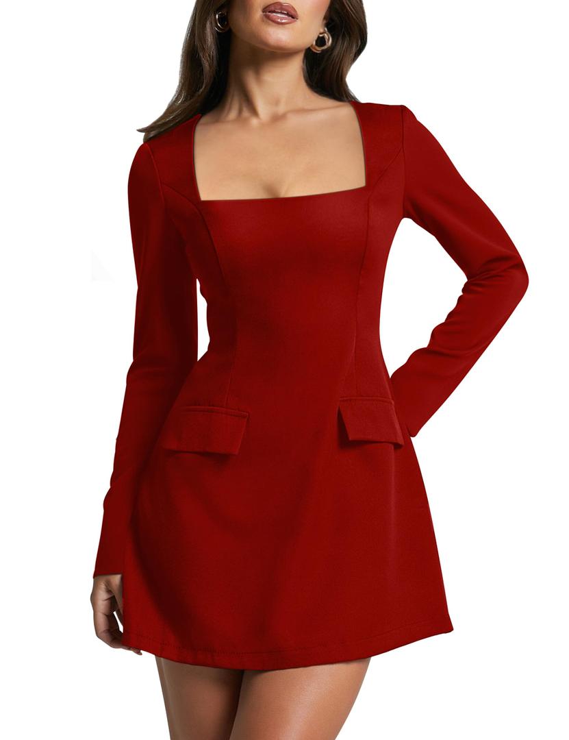 YMDUCH Women's Sexy Square Neck Long Sleeve Mini Party Dress Red (Red, M)