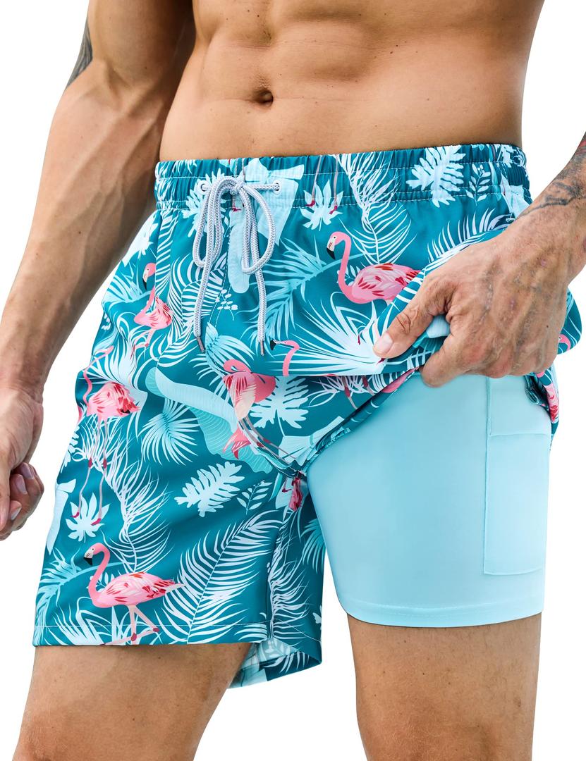 2 x KBVOT Mens Swim Trunks with Compression Liner 7 inch Inseam 2 Pack Quick Dry Stretch Beach Shorts Bathing Suits Swimwear
