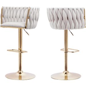 Beige Velvet Bar Stools Set of 2 - Modern Adjustable Swivel Counter Height Chairs with Woven Back, Gold Metal Leg & Base Bar Chair for Kitchen Island, Dining, Cafe, Pub