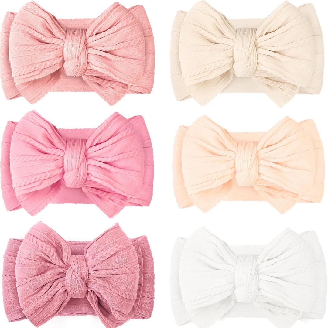 CLLOT 6 Pcs Baby Bows Headbands Nylon Hairbands Baby Girl Bows Hair Accessories for Newborn Infant Toddler Essentials (Classic Pink Series)