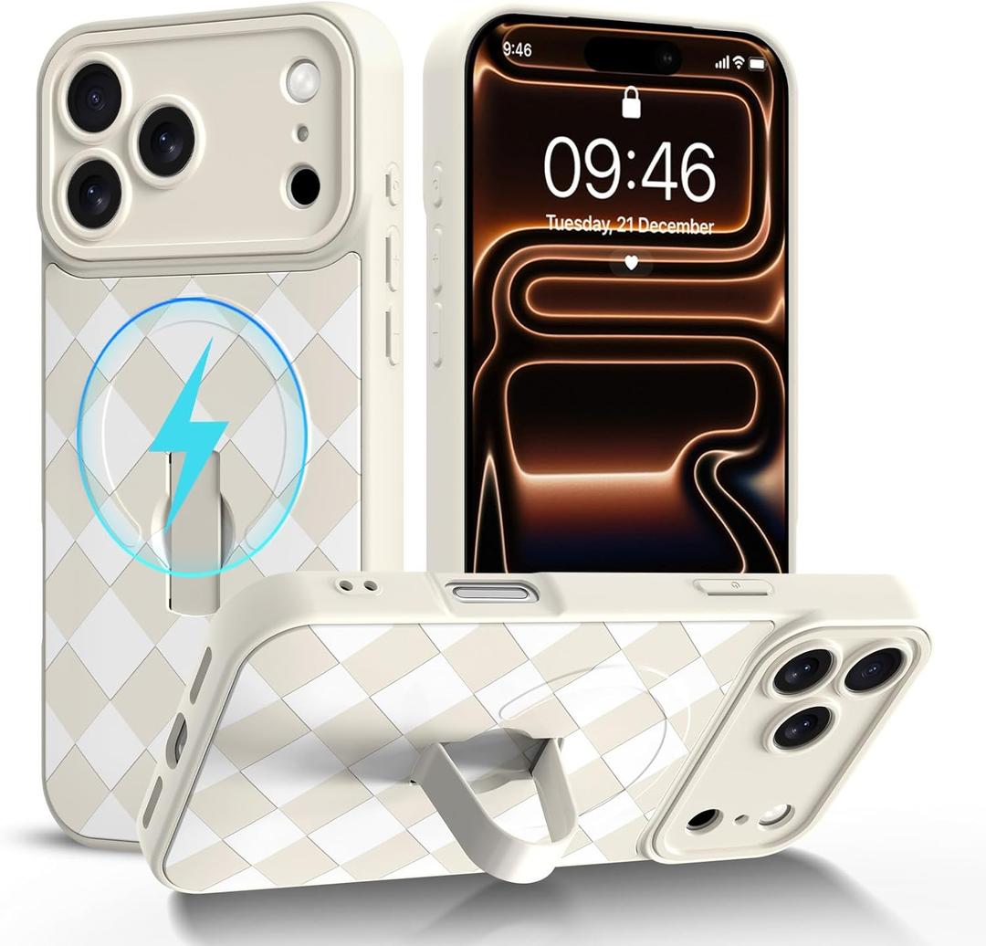 Magnetic Case Compatible with iPhone 17 Pro Max with Finger Strap Kickstand【Compatible with MagSafe】 Checkered Pattern Phone Cover for Women Girls, Full Camera Protection, White