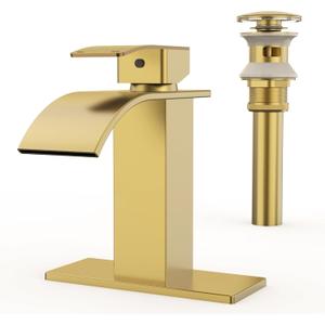 RUACQ Waterfall Bathroom Faucet,Single Handle Bathroom Sink Faucets for 1 or 3 Hole, Stainless Steel Washbasin Mixer Tap with Deck,Pop-up Drain and Supply Hoses (Gold)