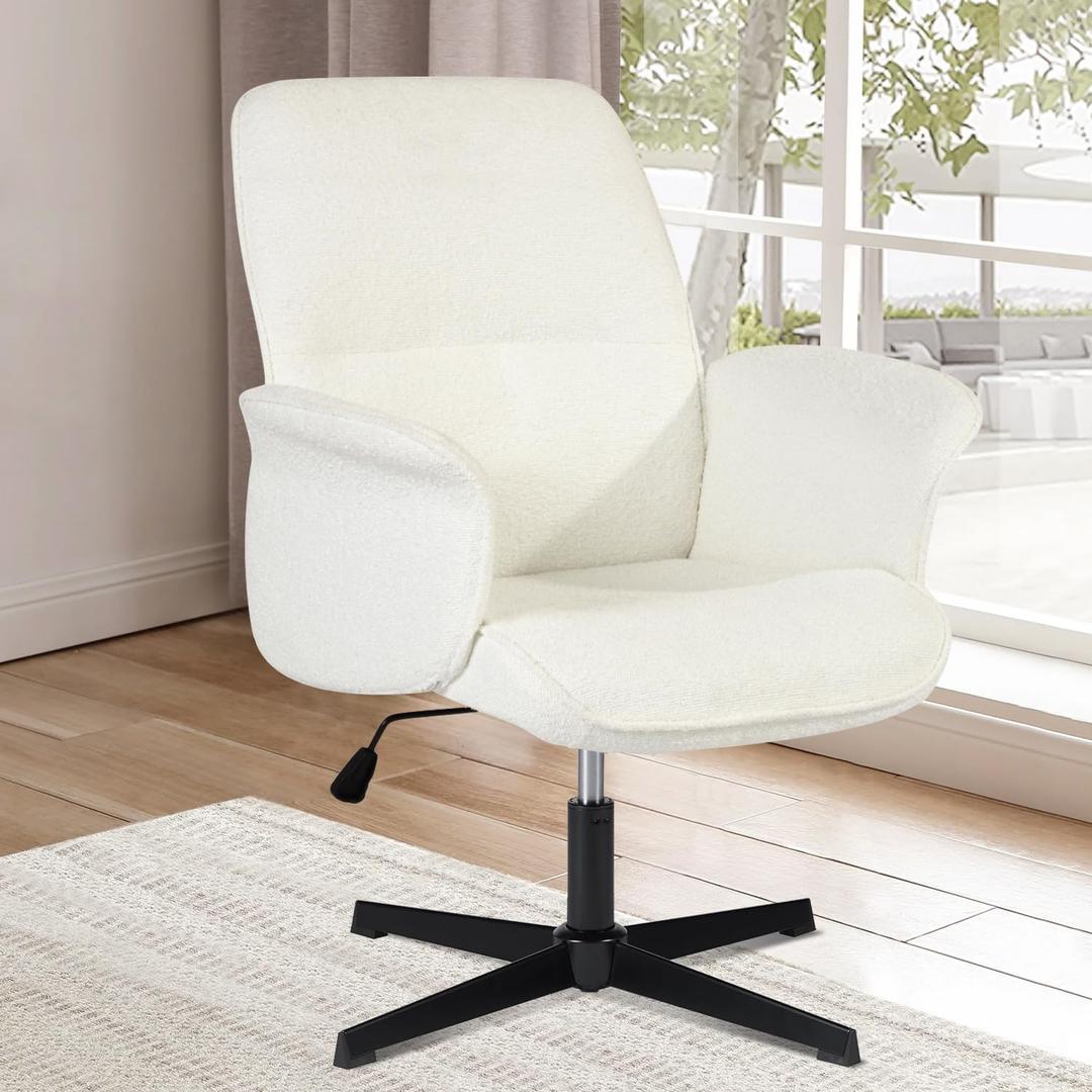 FurnitureR Home Office Desk Chair Comfy Ergonomic Padded Linen Fabric UpholsteredAdjustable Swivel Mid-Back Stylish Accent Vanity Chair, No Wheels, Beige
