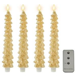 DN DECONATION 4PCS Flameless Christmas Tree Candles with Remote, LED Christmas Flameless Taper Advent Candles Battery Operated, Gold Tree Shaped Fake Candle Sticks for Table Decor Window Decorations