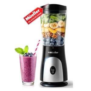 Mueller Smoothie Blender for Smoothies - Personal Blender for Shakes, Frozen Drinks, Baby Food & More, 15oz Travel Cup and Lid, Durable Stainless Steel Blades for Powerful Blending Performance, Black