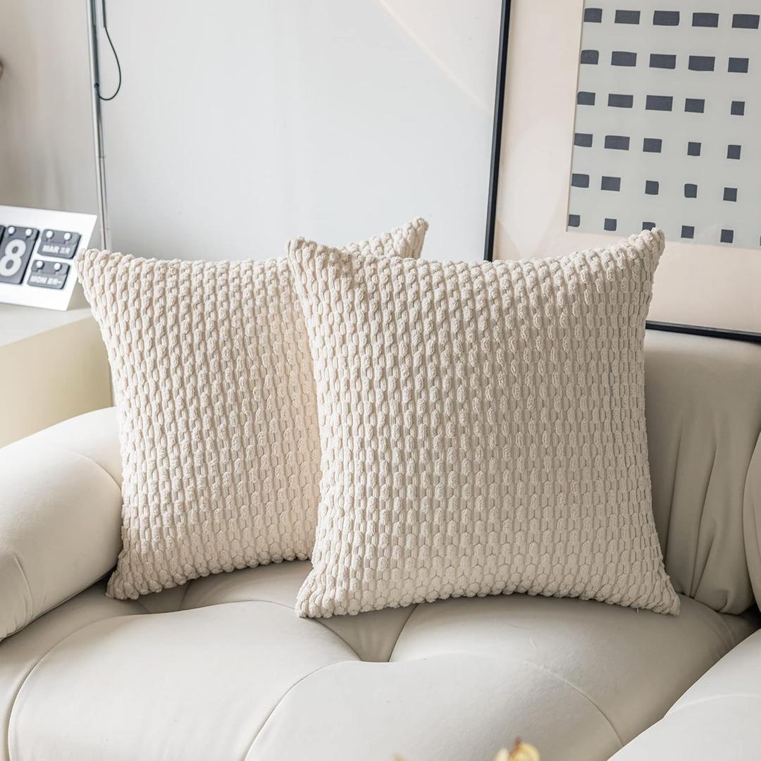 Kevin Textile 2 Packs Cream White Decorative Throw Pillow Covers 26x26 Inch for Living Room Couch Bed Sofa Rustic Farmhouse Boho Home Decor Soft Striped Corduroy Square Cushion Case 66x66 cm