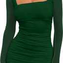 BORIFLORS Women's Sexy Ruched Bodycon Mini Dress Mesh Long Sleeve Club Party Short Dresses, X-Small, Dark Green
